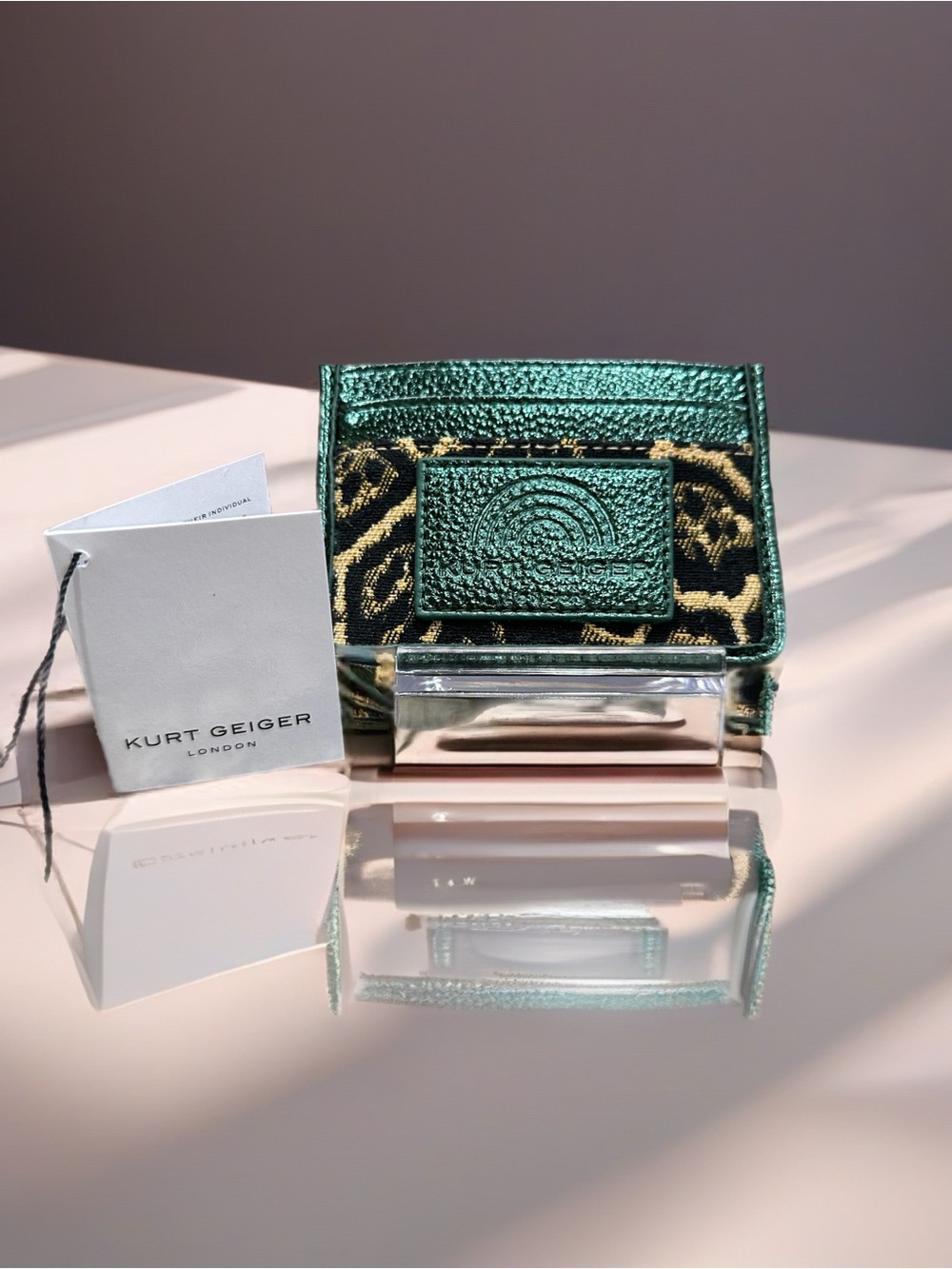Kurt Geiger Metallic Emerald Card Holder with Leopard Jacquard